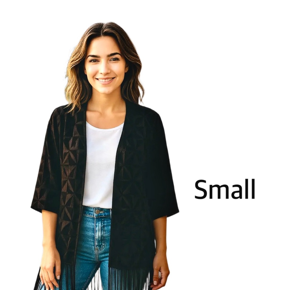 Cato Black Geometric Fringe Kimono Open Front Velour Shawl